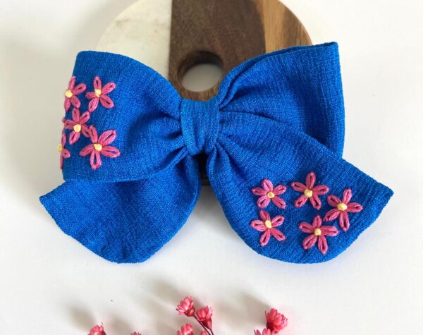 Hand Embroidered Linen Hair Bow – Floral Handmade Hair Accessory | Made in Canada