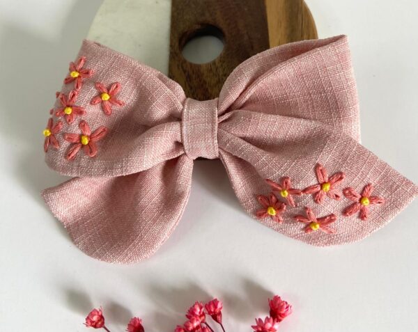 Hand Embroidered Linen Hair Bow – Floral Handmade Hair Accessory | Made in Canada