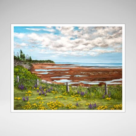 Canadian coastal painting of PEI with red sand beach, ocean tide, wildflowers, and blue sky with clouds.