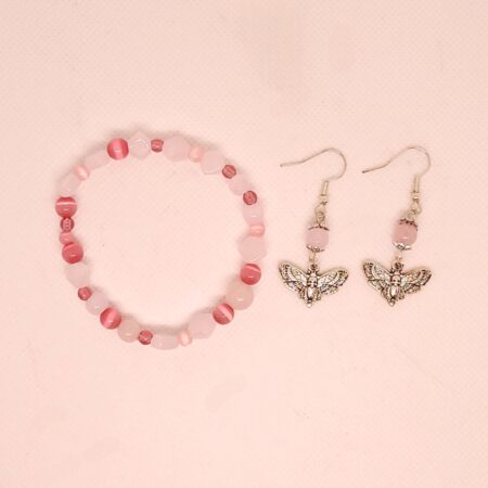 Deaths Head Moth Rose Quartz Bracelet & Earring Set