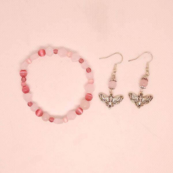 Deaths Head Moth Rose Quartz Bracelet & Earring Set