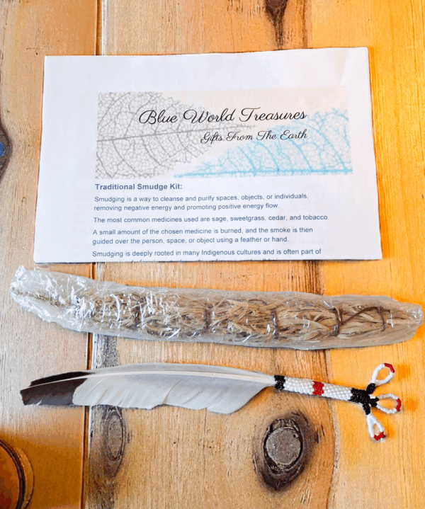 Indigenous Handcrafted Smudge Kit: Silver Sage Bundle, Beaded Feather Fan for Spiritual Cleansing