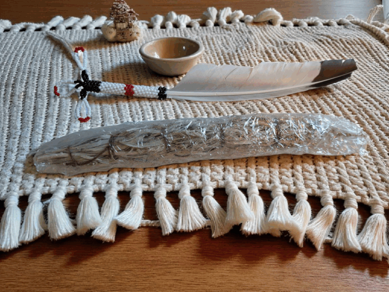 Indigenous Handcrafted Smudge Kit: Silver Sage Bundle, Beaded Feather Fan for Spiritual Cleansing