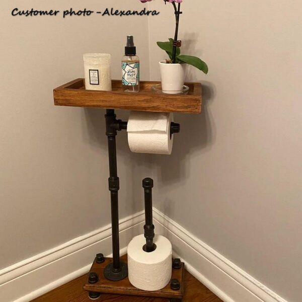 Industrial Toilet Paper Holder Stand: Rustic Bathroom Organizer with Storage Tray