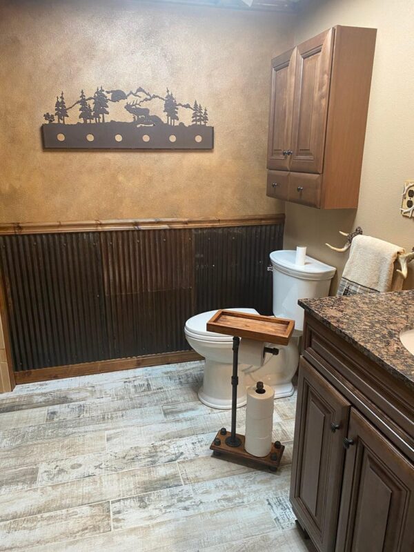 Industrial Toilet Paper Holder Stand: Rustic Bathroom Organizer with Storage Tray