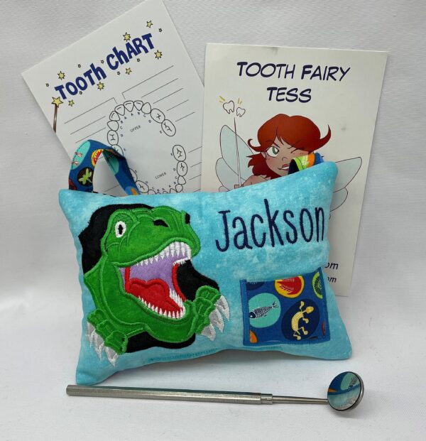 Smiling T-Rex Tooth Fairy Pillow by Tooth Fairy Tess- Personalized
