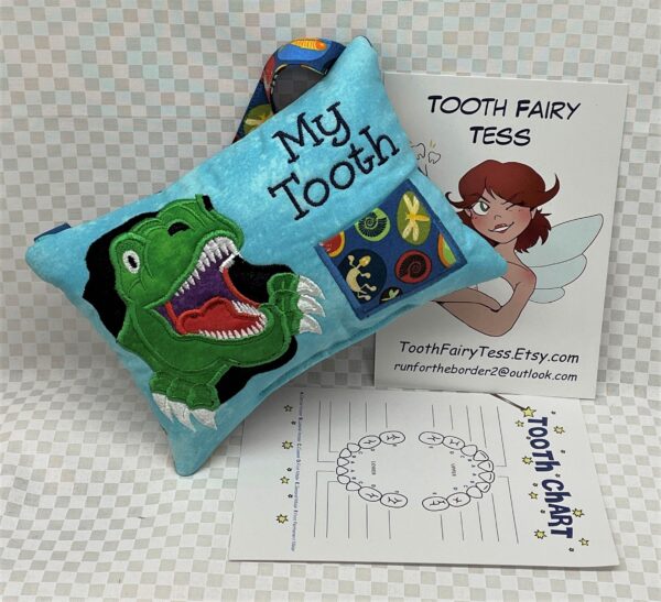 Smiling T-Rex Tooth Fairy Pillow by Tooth Fairy Tess- Personalized
