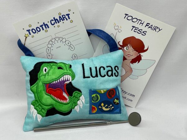 Smiling T-Rex Tooth Fairy Pillow by Tooth Fairy Tess- Personalized