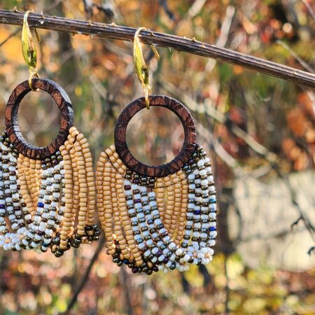 Boho Bronze & Sand Beaded Hoop Fringe Earrings