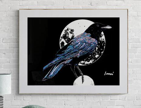 Crow in the Moonlight, Hand drawn Original Wall Art - Digital Download
