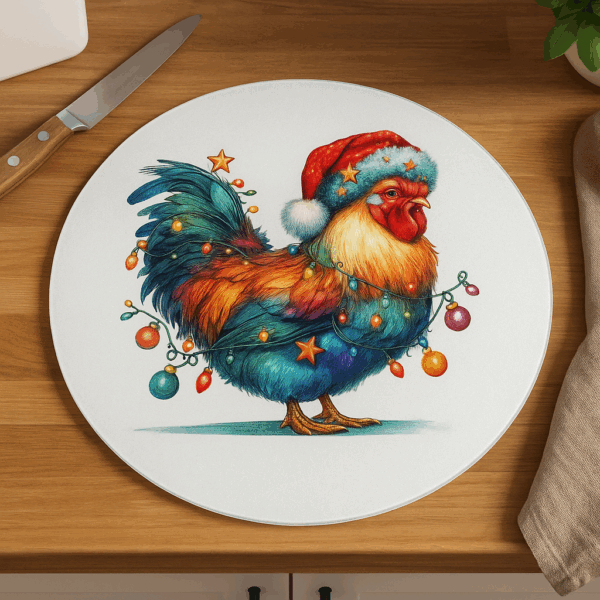 Festive Farmyard Rooster – Glass Cutting Board