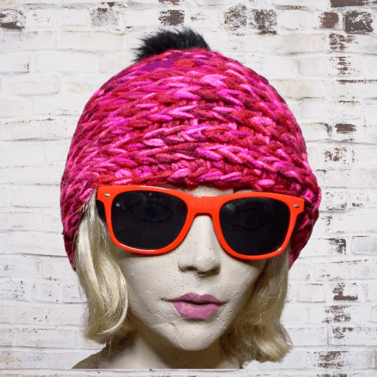 Handcrafted PNW Beanie: Raspberry Ripple Black Fur Pompom