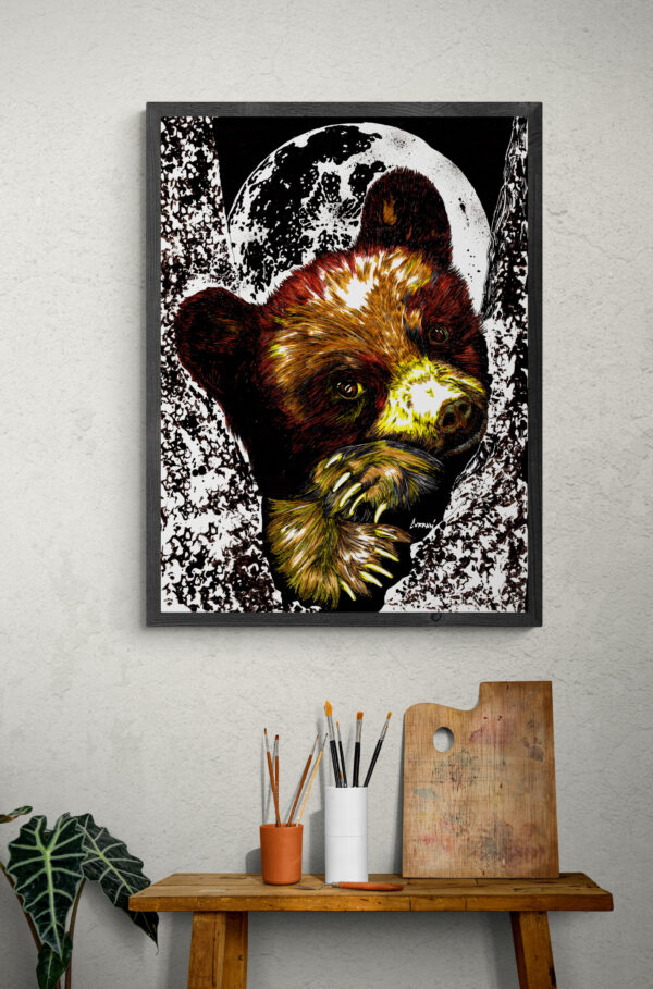 Brown Bear Cub in a Tree, Hand drawn Original Wall Art
