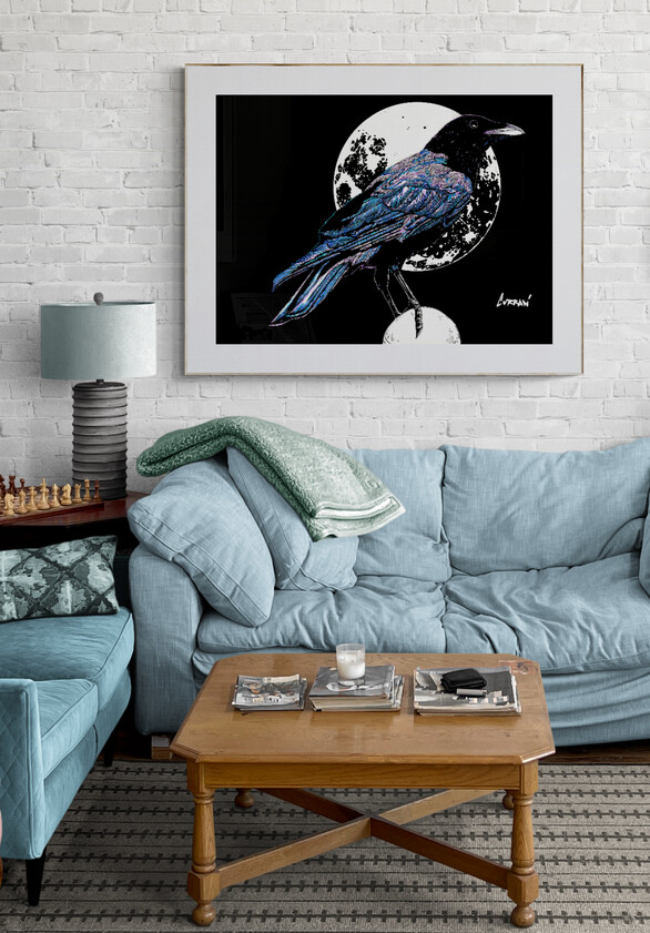 Crow in the Moonlight, Hand drawn Original Wall Art - Digital Download