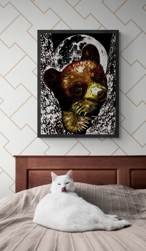 Brown Bear Cub in a Tree, Hand drawn Original Wall Art