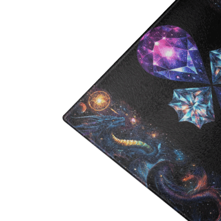 Colorful gemstone design cutting board on a wooden table with apples and a knife.