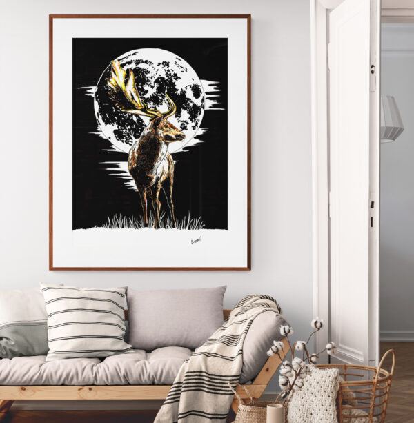 Deer in the Moonlight, Hand drawn Original Wall Art - Digital Download