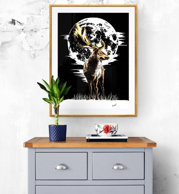 Deer in the Moonlight, Hand drawn Original Wall Art - Digital Download