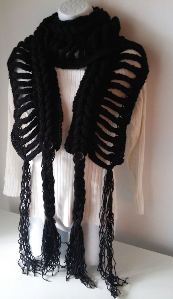 Handmade distressed braided knit scarf with fringes, black