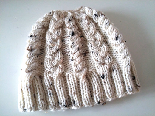Cream Brown Aran Tweed Handknitted Messy Bun Hat Beanie