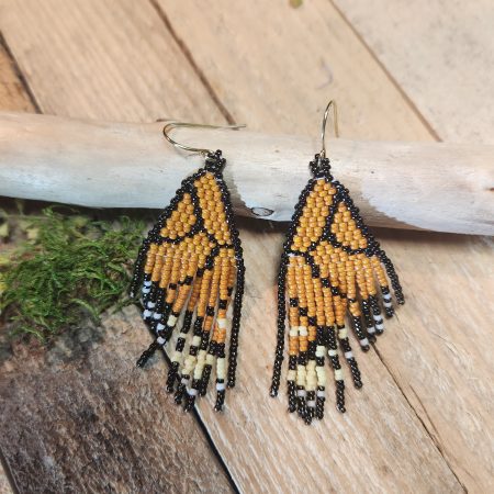 Butterfly Wing Seed Bead Fringe Earrings in Warm Amber Tones