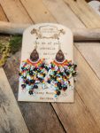 Rainbow Seed Bead Fringe Earrings with Engraved Wood Accent