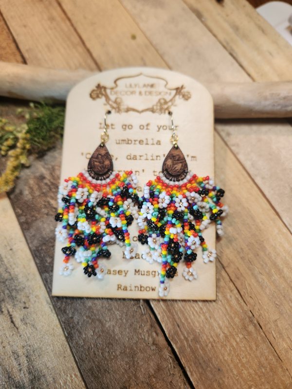 Rainbow Seed Bead Fringe Earrings with Engraved Wood Accent
