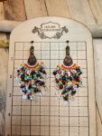 Rainbow Seed Bead Fringe Earrings with Engraved Wood Accent