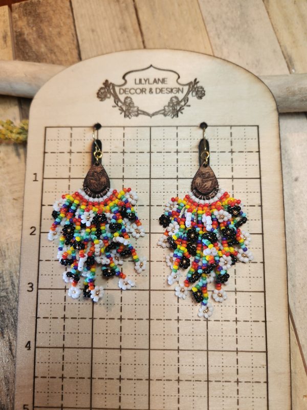 Rainbow Seed Bead Fringe Earrings with Engraved Wood Accent