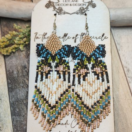 Detailed Sunset Moth Seed Bead Fringe Earrings in Earthy Boho Tones