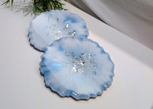 Handcrafted Light Blue, White & Silver Geo Coasters - Unique & Shimmering Design (Set of 4)