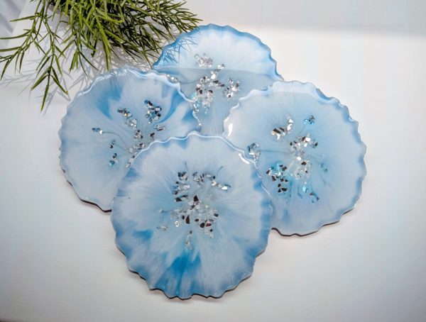 Handcrafted Light Blue, White & Silver Geo Coasters - Unique & Shimmering Design (Set of 4)
