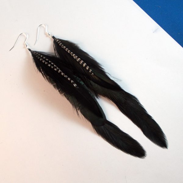 natural feather earrings raven black with grizzly