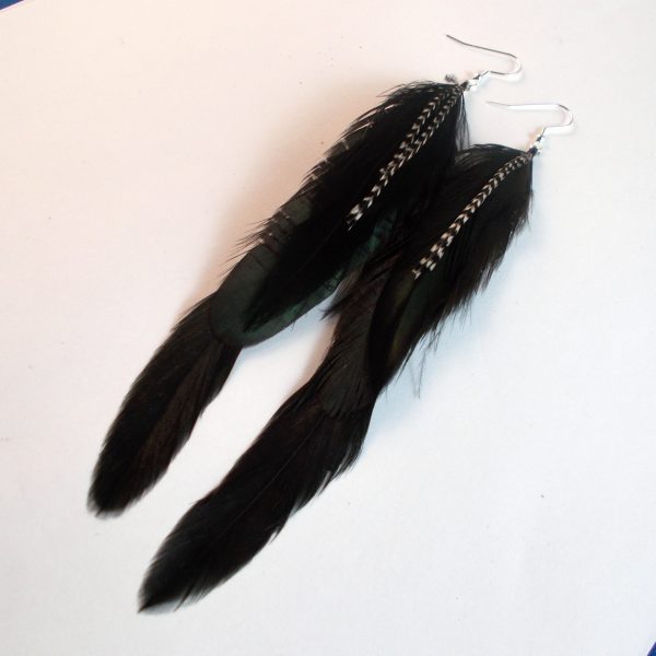 natural feather earrings raven black with grizzly