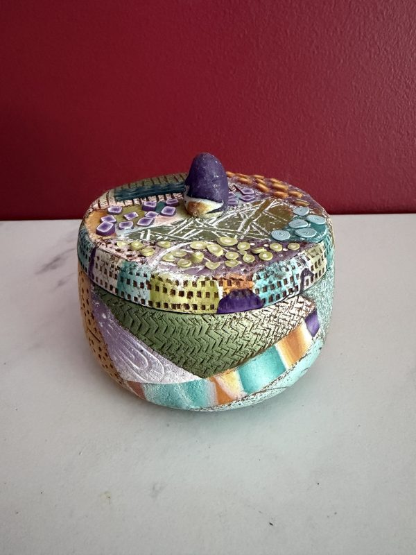 Handcrafted Polymer Clay 3-1/2" Container - "Patchwork Delight"