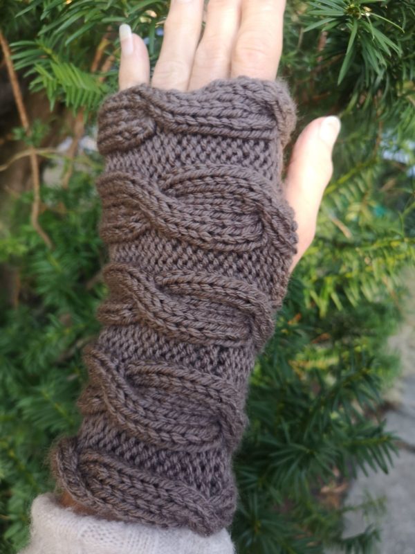 Truffle Brown Fingerless Cable Knit Gloves Mittens