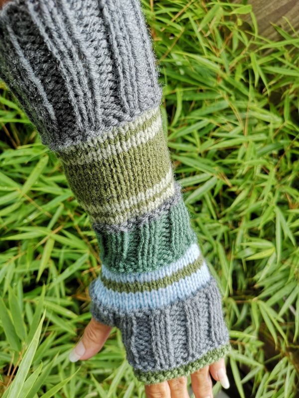 Green Gray Striped Multipattern Knit Fingerless Gloves Mittens Arm Warmers
