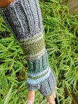 Green Gray Striped Multipattern Knit Fingerless Gloves Mittens Arm Warmers