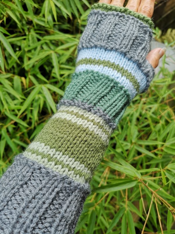 Green Gray Striped Multipattern Knit Fingerless Gloves Mittens Arm Warmers