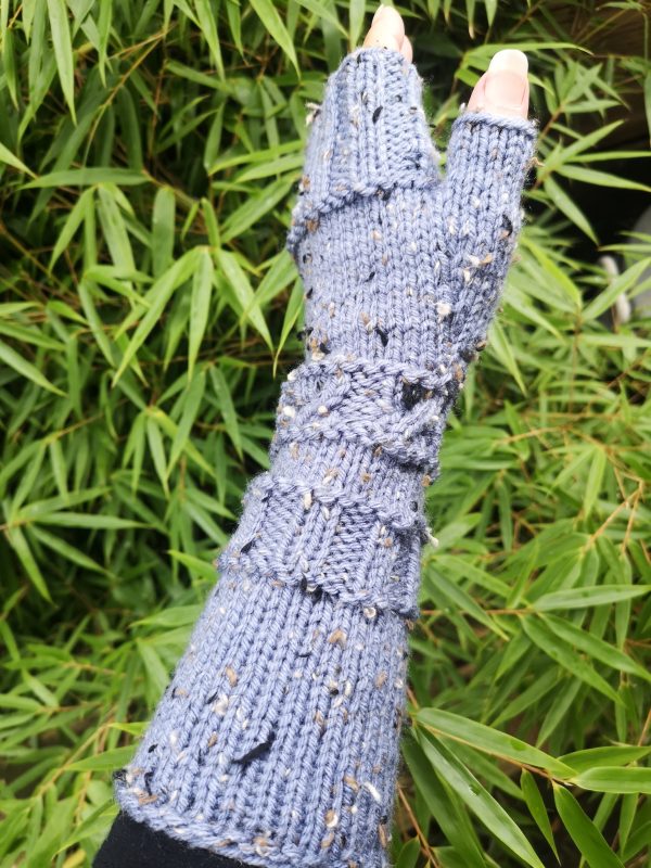 Denim Blue Warm Boho Tweed Knit Fingerless Gloves Arm Warmer