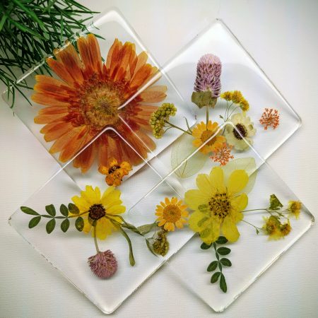 Vibrant orange and yellow handmade pressed flower coasters (Set of 4)