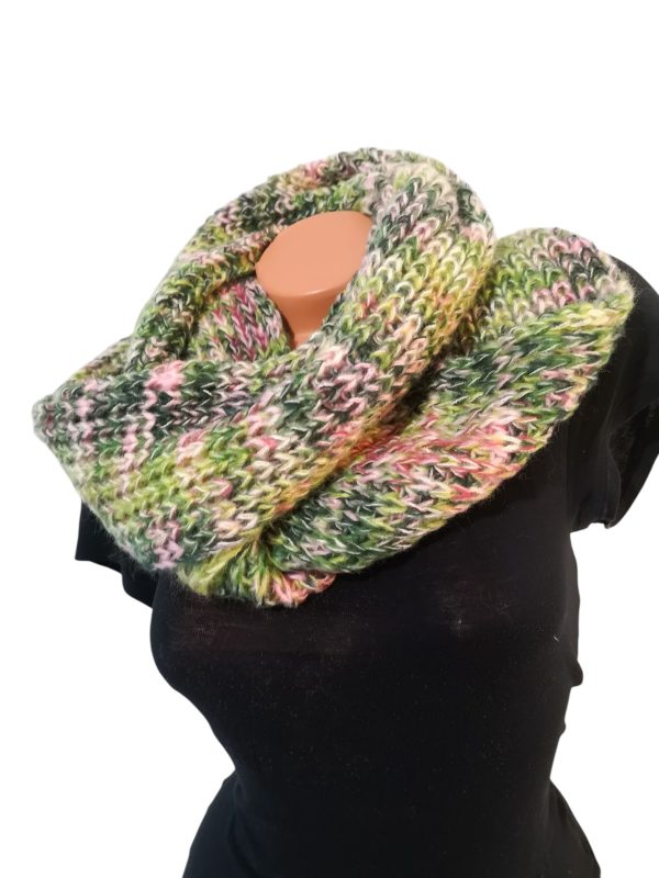 Green Pink Handknit Minimalist Infinity Scarf