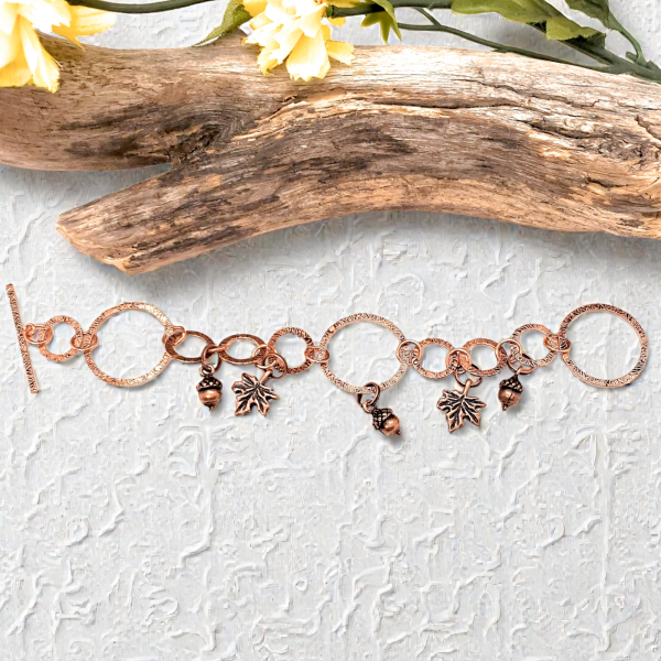 Handmade Copper Acorn Maple Leaf Bracelet - Autumn Nature Jewelry Hammered Texture Toggle Clasp