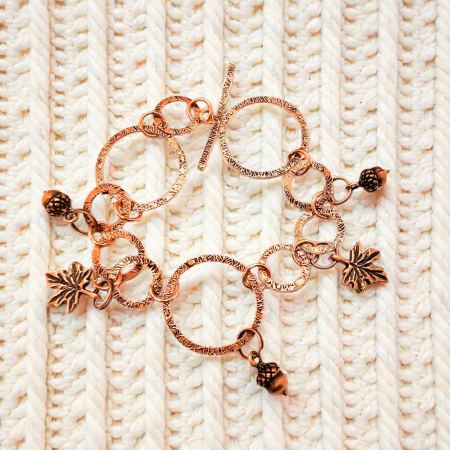 Handmade Copper Acorn Maple Leaf Bracelet - Autumn Nature Jewelry Hammered Texture Toggle Clasp