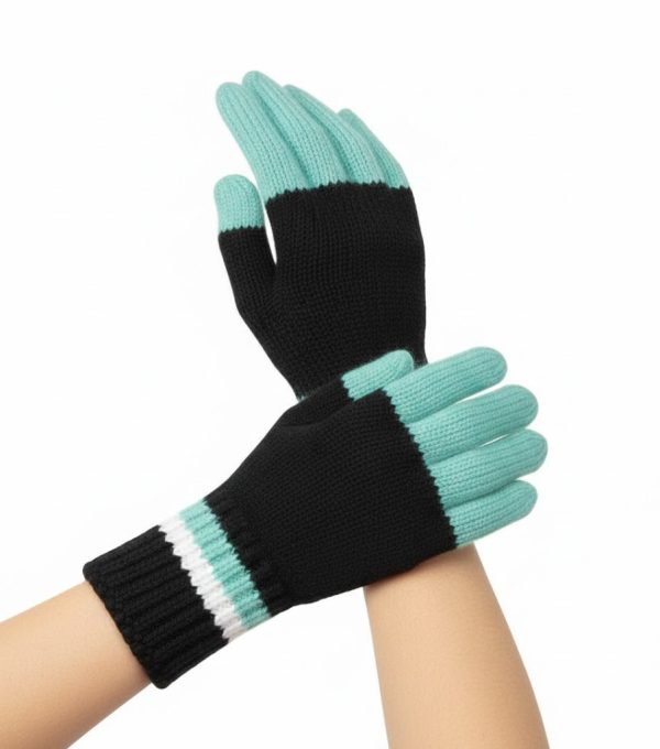 Black Turquoise White Handknit Full-Finger Gloves Mittens