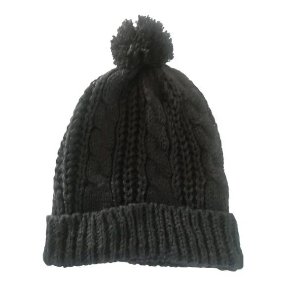 Black Knitted Toque Beanie Winter Hat With Pompom