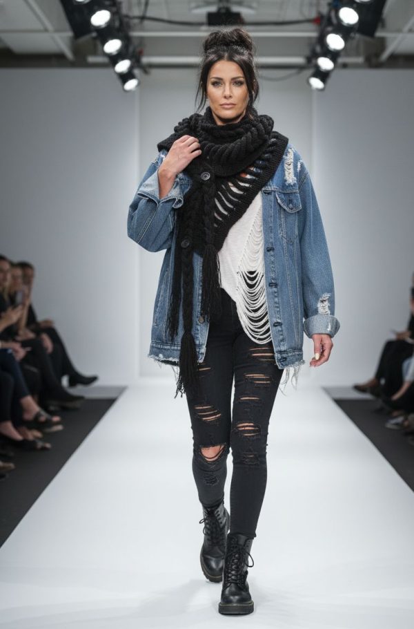 Handmade distressed braided knit scarf with fringes, black