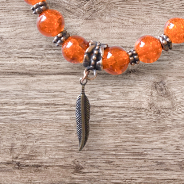 Every Child Matters Bracelet with Orange Crackle Glass & Copper Feather - Donation to IRSSS