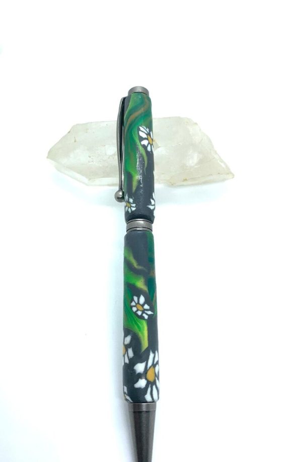 Art Deco Twist Pen in Antique Silver . White daises with leaves designed Pen, Hand turned pen, Handmade