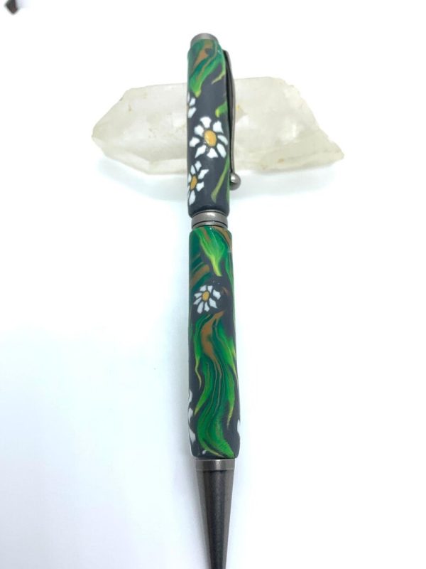 Art Deco Twist Pen in Antique Silver . White daises with leaves designed Pen, Hand turned pen, Handmade